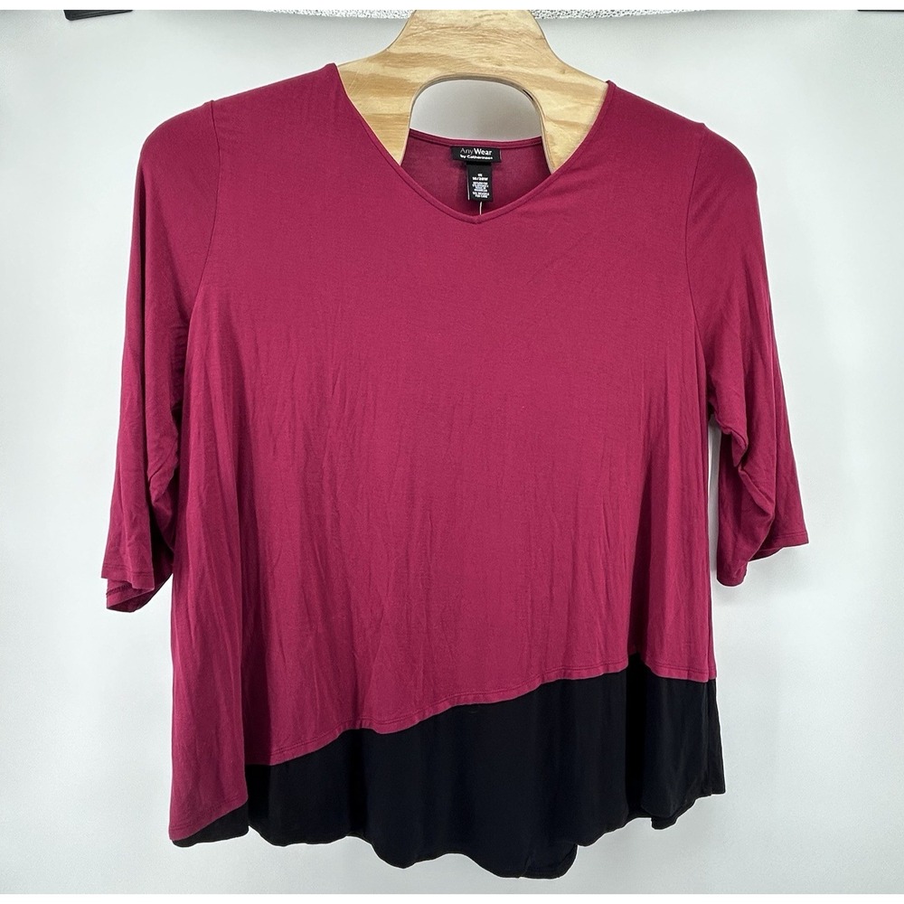 Catherines Womens 1X Red Black V-Neck Pullover 3/4 Sleeve Tunic Blouse- NEW